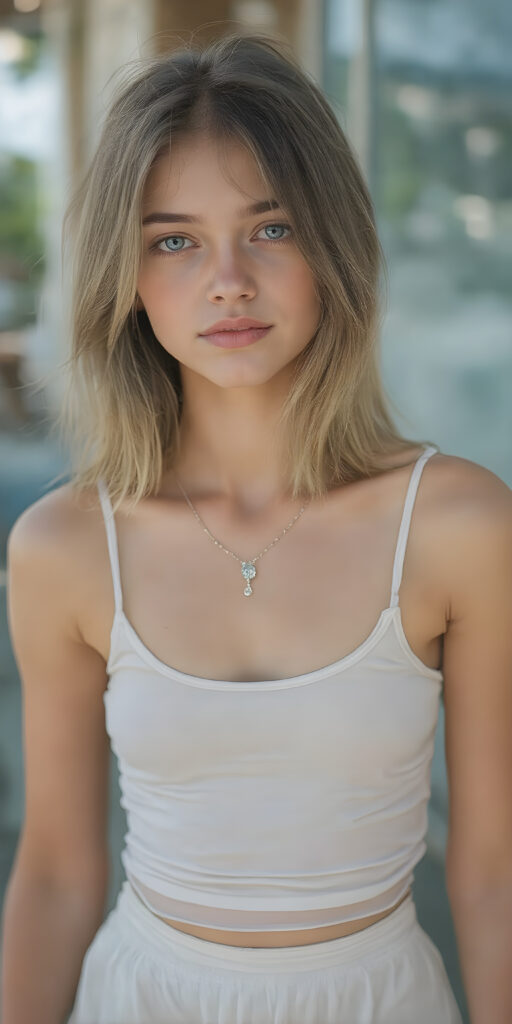 a (((summer day))) where a (((beautiful young teen girl with a sleek, detailed face))) is standing confidently, dressed in a ((thin, transparent clingy white top)) and a ((short, translucent clingy summer skirt)). Her light super straight brown hair falls over her body, a (diamond necklace) adds a touch of sophistication to her look, perfectly accentuating her youthful, sophisticated aesthetic, summer vibe