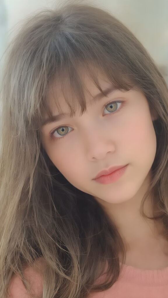 a (((super cute girl))) who exudes an air of warmth and cuteness, with her locks of (((black brown soft hair))), which cascades down in soft, gentle waves, framing her face perfectly in bangs cut; she has (((perfect deep blue eyes))), her lips are a soft shade of (light pink), and her skin is (extremely soft).