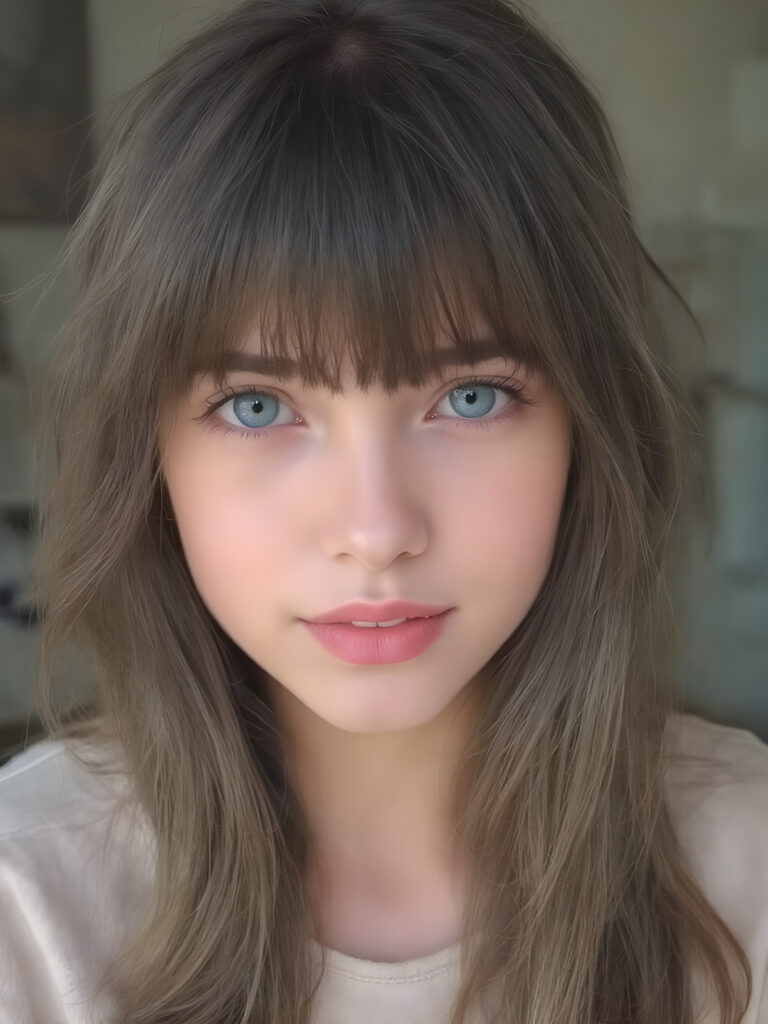 a (((super cute girl))) who exudes an air of warmth and cuteness, with her locks of (((black brown soft hair))), which cascades down in soft, gentle waves, framing her face perfectly in bangs cut; she has (((perfect deep blue eyes))), her lips are a soft shade of (light pink), and her skin is (extremely soft), her full plump lips are red, white teeth