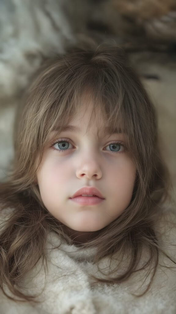 a (((super cute girl))) who exudes an air of warmth and cuteness, with her locks of (((black brown soft hair))), which cascades down in soft, gentle waves, framing her face perfectly; she has (((perfect amber eyes))), her lips are a soft shade of (light pink), and her skin is (extremely soft) and (extremely white as snow), on which she lays comfortably, in a (super soft winter fur outfit) that complements her overall look. She adds a touch of (extraordinary detail) to her ensemble, with a luxurious winter fur coat that adds a sense of (high-end opulence)