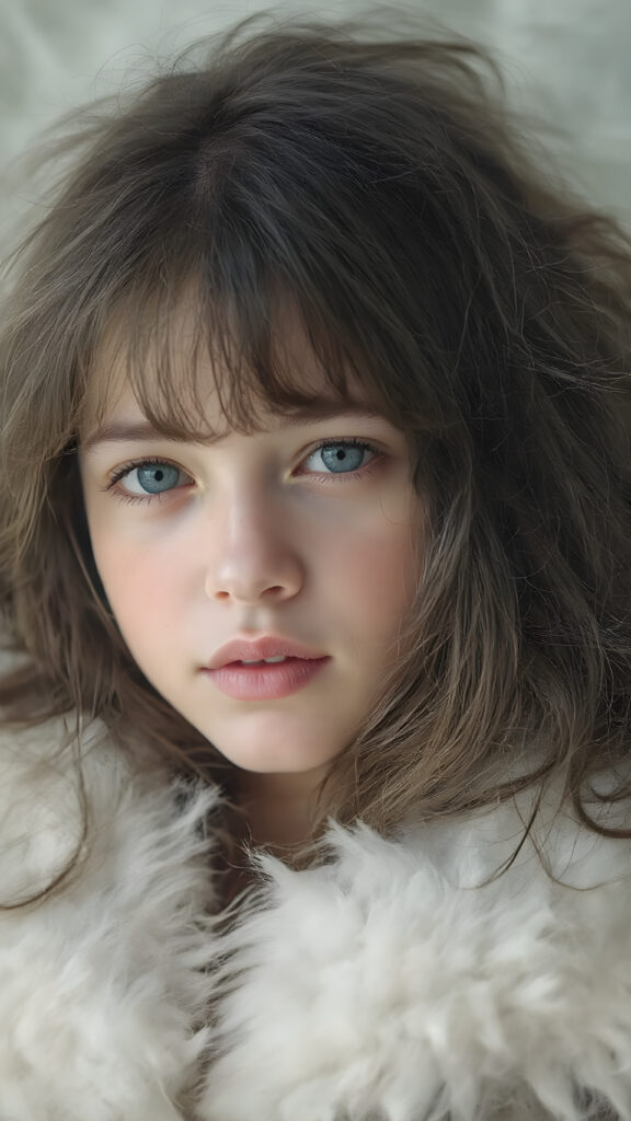 a (((super cute girl))) who exudes an air of warmth and cuteness, with her locks of (((black brown soft hair))), which cascades down in soft, gentle waves, framing her face perfectly; she has (((perfect amber eyes))), her lips are a soft shade of (light pink), and her skin is (extremely soft) and (extremely white as snow), on which she lays comfortably, in a (super soft winter fur outfit) that complements her overall look. She adds a touch of (extraordinary detail) to her ensemble, with a luxurious winter fur coat that adds a sense of (high-end opulence)