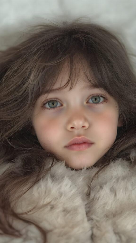 a (((super cute girl))) who exudes an air of warmth and cuteness, with her locks of (((black brown soft hair))), which cascades down in soft, gentle waves, framing her face perfectly; she has (((perfect amber eyes))), her lips are a soft shade of (light pink), and her skin is (extremely soft) and (extremely white as snow), on which she lays comfortably, in a (super soft winter fur outfit) that complements her overall look. She adds a touch of (extraordinary detail) to her ensemble, with a luxurious winter fur coat that adds a sense of (high-end opulence)