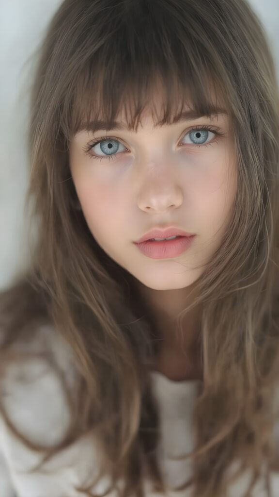 a (((super cute girl))) who exudes an air of warmth and cuteness, with her locks of (((black brown soft hair))), which cascades down in soft, gentle waves, framing her face perfectly in bangs cut; she has (((perfect deep blue eyes))), her lips are a soft shade of (light pink), and her skin is (extremely soft).