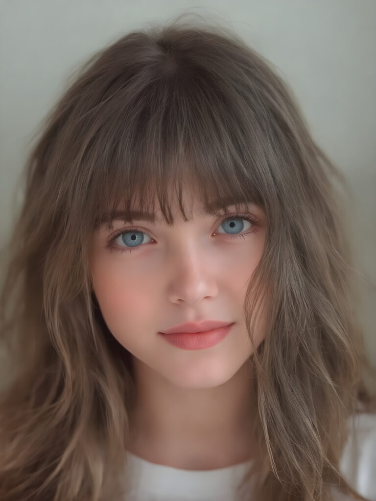 a (((super cute girl))) who exudes an air of warmth and cuteness, with her locks of (((black brown soft hair))), which cascades down in soft, gentle waves, framing her face perfectly in bangs cut; she has (((perfect deep blue eyes))), her lips are a soft shade of (light pink), and her skin is (extremely soft), her full plump lips are red, white teeth