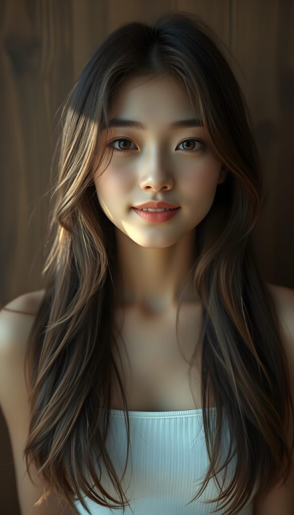 a (((super cute Japanese teen girl, captured in an upper body view))), with flawlessly beautiful (((soft, slightly rosy skin))), and (((long, sleek, luxurious brown hair and blond highlights))), exuding pure happiness, framed in a front view that captures every intricate detail, from her serene, angelic features to the delicate petals, with a (((super short, thin, white crop tank top))), all against a wooden wall.