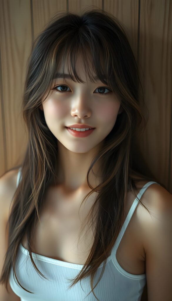 a (((super cute Japanese teen girl, captured in an upper body view))), with flawlessly beautiful (((soft, slightly rosy skin))), and (((long, sleek, luxurious brown hair and blond highlights))), exuding pure happiness, framed in a front view that captures every intricate detail, from her serene, angelic features to the delicate petals, with a (((super short, thin, white crop tank top))), all against a wooden wall.