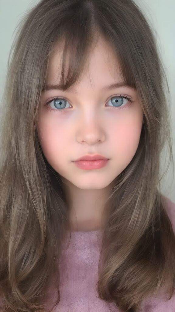 a (((super cute petite girl))) who exudes an air of warmth and cuteness, with her locks of (((black brown soft hair))), which cascades down in soft, gentle waves, framing her face perfectly in bangs cut; she has (((perfect deep blue eyes))), her lips are a soft shade of (light pink), and her skin is (extremely soft).