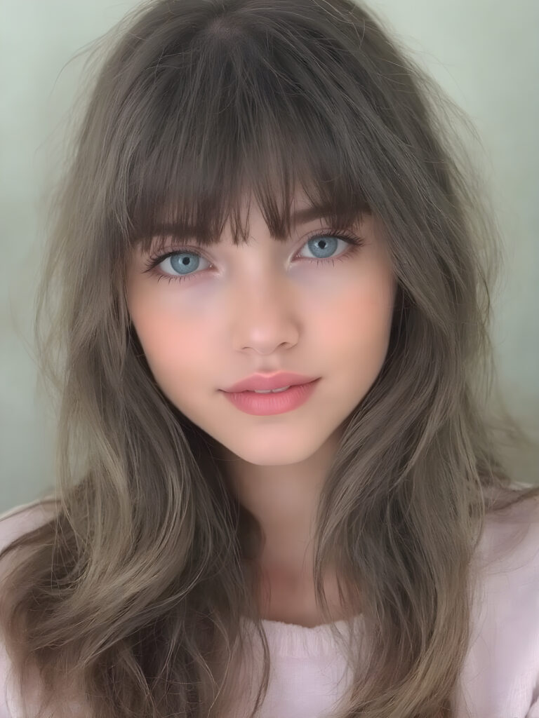 a (((super cute girl))) who exudes an air of warmth and cuteness, with her locks of (((black brown soft hair))), which cascades down in soft, gentle waves, framing her face perfectly in bangs cut; she has (((perfect deep blue eyes))), her lips are a soft shade of (light pink), and her skin is (extremely soft), her full plump lips are red, white teeth