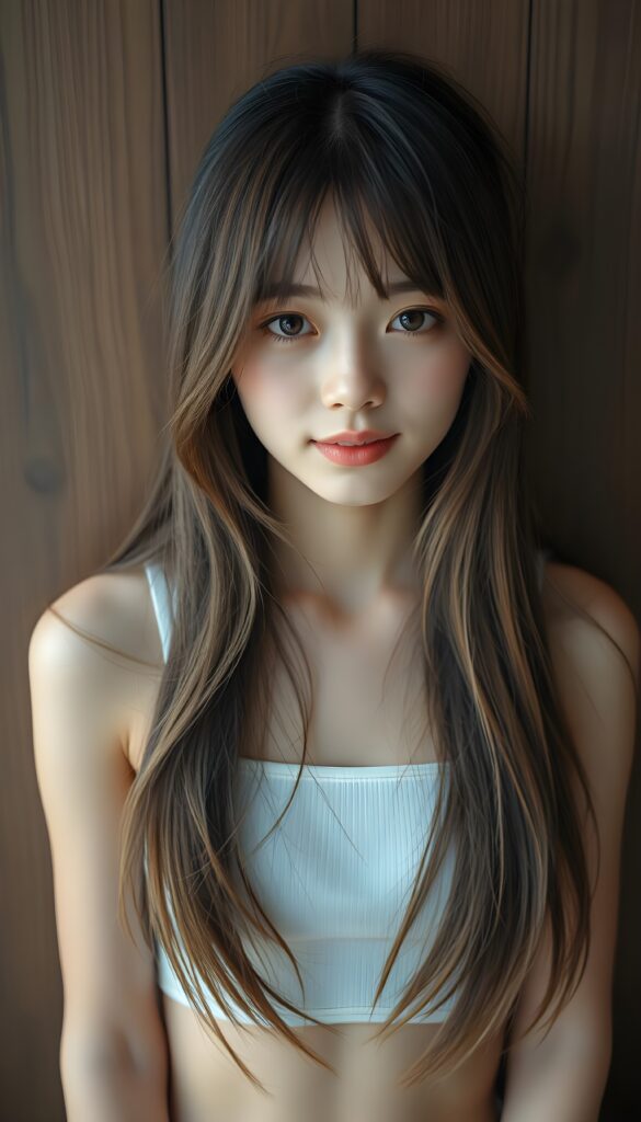 a (((super cute Japanese teen girl, captured in an upper body view))), with flawlessly beautiful (((soft, slightly rosy skin))), and (((long, sleek, luxurious brown hair and blond highlights))), exuding pure happiness, framed in a front view that captures every intricate detail, from her serene, angelic features to the delicate petals, with a (((super short, thin, white crop tank top))), all against a wooden wall.