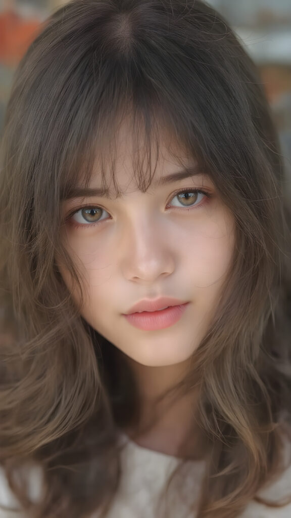 a (((super cute girl))) who exudes an air of warmth and cuteness, with her locks of (((black brown soft hair))), which cascades down in soft, gentle waves, framing her face perfectly in bangs cut; she has (((perfect deep blue eyes))), her lips are a soft shade of (light pink), and her skin is (extremely soft).