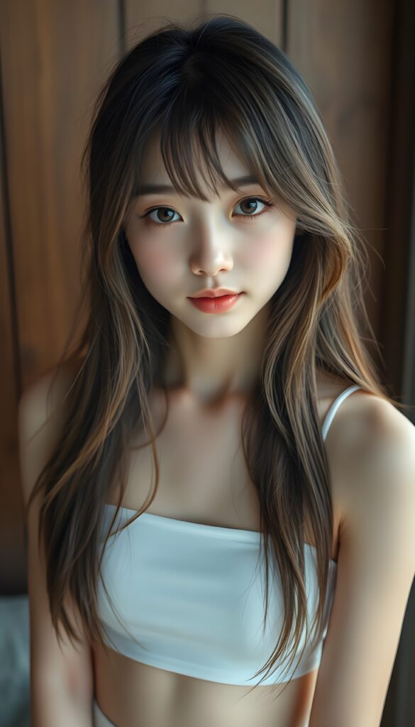 a (((super cute Japanese teen girl, captured in an upper body view))), with flawlessly beautiful (((soft, slightly rosy skin))), and (((long, sleek, luxurious brown hair and blond highlights))), exuding pure happiness, framed in a front view that captures every intricate detail, from her serene, angelic features to the delicate petals, with a (((super short, thin, white crop tank top))), all against a wooden wall.