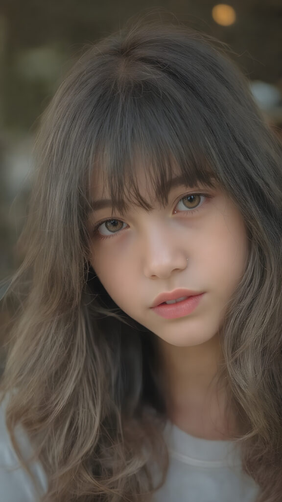 a (((super cute girl))) who exudes an air of warmth and cuteness, with her locks of (((black brown soft hair))), which cascades down in soft, gentle waves, framing her face perfectly in bangs cut; she has (((perfect deep blue eyes))), her lips are a soft shade of (light pink), and her skin is (extremely soft).