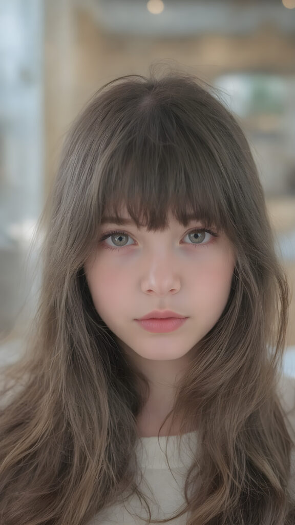 a (((super cute girl))) who exudes an air of warmth and cuteness, with her locks of (((black brown soft hair))), which cascades down in soft, gentle waves, framing her face perfectly in bangs cut; she has (((perfect deep blue eyes))), her lips are a soft shade of (light pink), and her skin is (extremely soft).