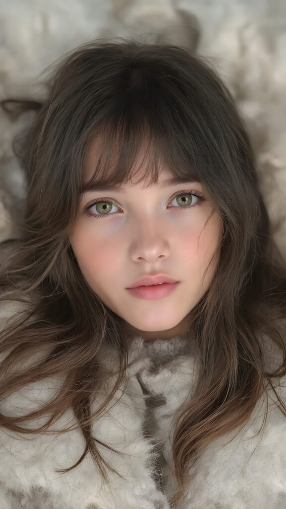 a (((super cute girl))) who exudes an air of warmth and cuteness, with her locks of (((black brown soft hair))), which cascades down in soft, gentle waves, framing her face perfectly; she has (((perfect amber eyes))), her lips are a soft shade of (light pink), and her skin is (extremely soft) and (extremely white as snow), on which she lays comfortably, in a (super soft winter fur outfit) that complements her overall look. She adds a touch of (extraordinary detail) to her ensemble, with a luxurious winter fur coat that adds a sense of (high-end opulence)