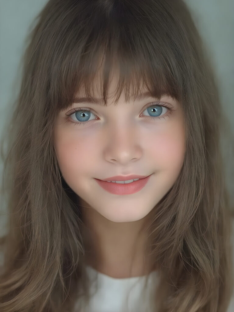 a (((super cute girl))) who exudes an air of warmth and cuteness, with her locks of (((black brown soft hair))), which cascades down in soft, gentle waves, framing her face perfectly in bangs cut; she has (((perfect deep blue eyes))), her lips are a soft shade of (light pink), and her skin is (extremely soft), her full plump lips are red, white teeth