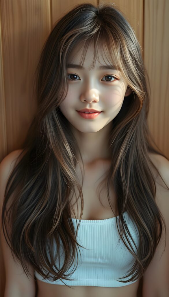 a (((super cute Japanese teen girl, captured in an upper body view))), with flawlessly beautiful (((soft, slightly rosy skin))), and (((long, sleek, luxurious brown hair and blond highlights))), exuding pure happiness, framed in a front view that captures every intricate detail, from her serene, angelic features to the delicate petals, with a (((super short, thin, white crop tank top))), all against a wooden wall.