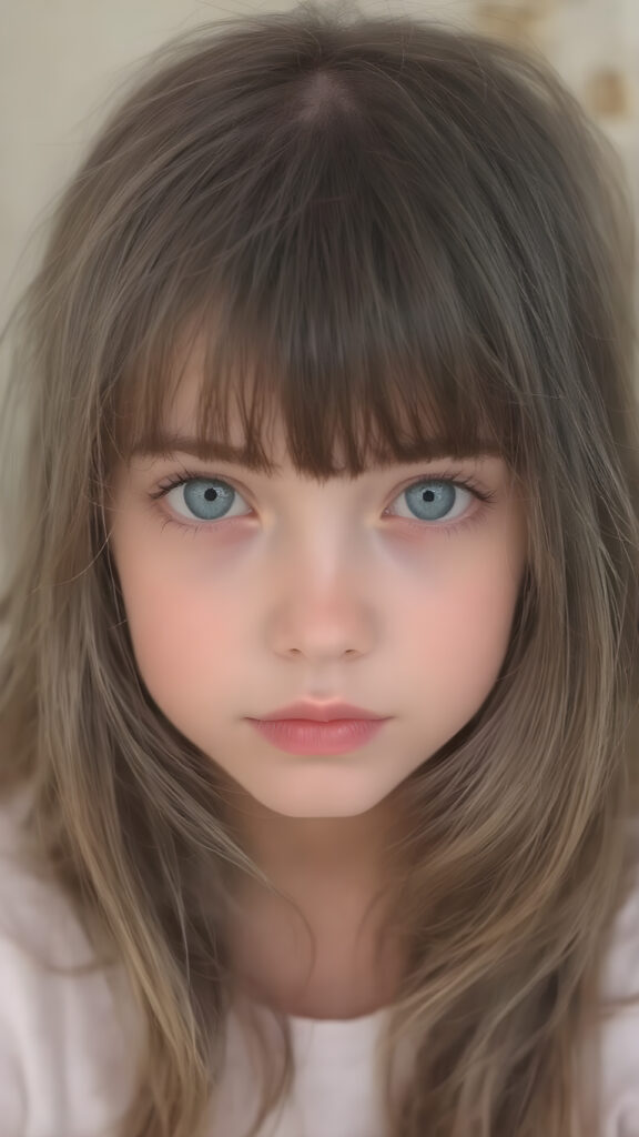 a (((super cute petite girl))) who exudes an air of warmth and cuteness, with her locks of (((black brown soft hair))), which cascades down in soft, gentle waves, framing her face perfectly in bangs cut; she has (((perfect deep blue eyes))), her lips are a soft shade of (light pink), and her skin is (extremely soft).