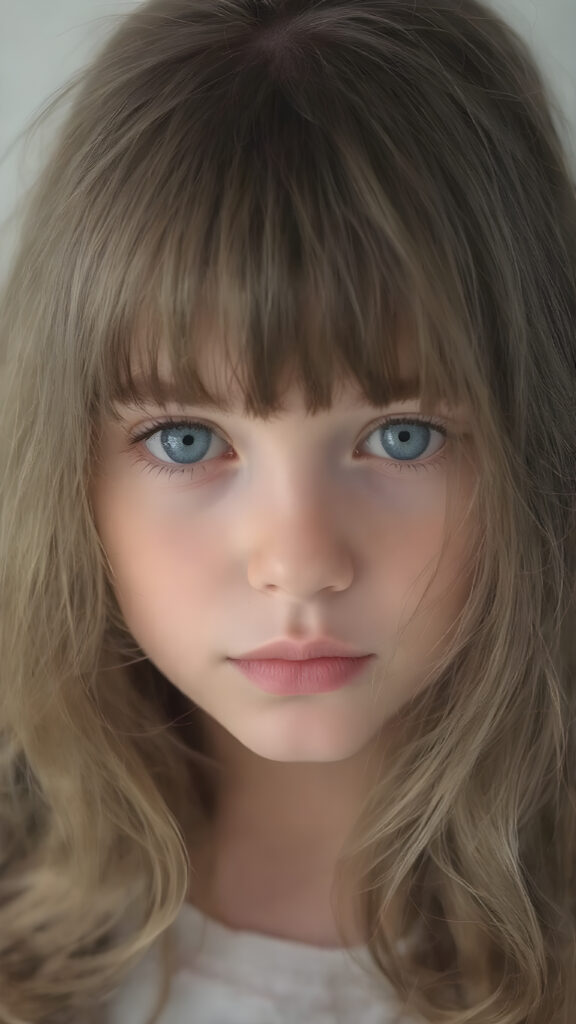 a (((super cute petite girl))) who exudes an air of warmth and cuteness, with her locks of (((black brown soft hair))), which cascades down in soft, gentle waves, framing her face perfectly in bangs cut; she has (((perfect deep blue eyes))), her lips are a soft shade of (light pink), and her skin is (extremely soft).