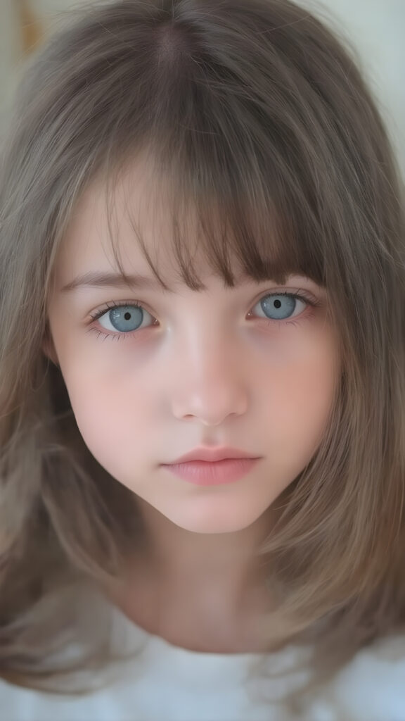 a (((super cute petite girl))) who exudes an air of warmth and cuteness, with her locks of (((black brown soft hair))), which cascades down in soft, gentle waves, framing her face perfectly in bangs cut; she has (((perfect deep blue eyes))), her lips are a soft shade of (light pink), and her skin is (extremely soft).
