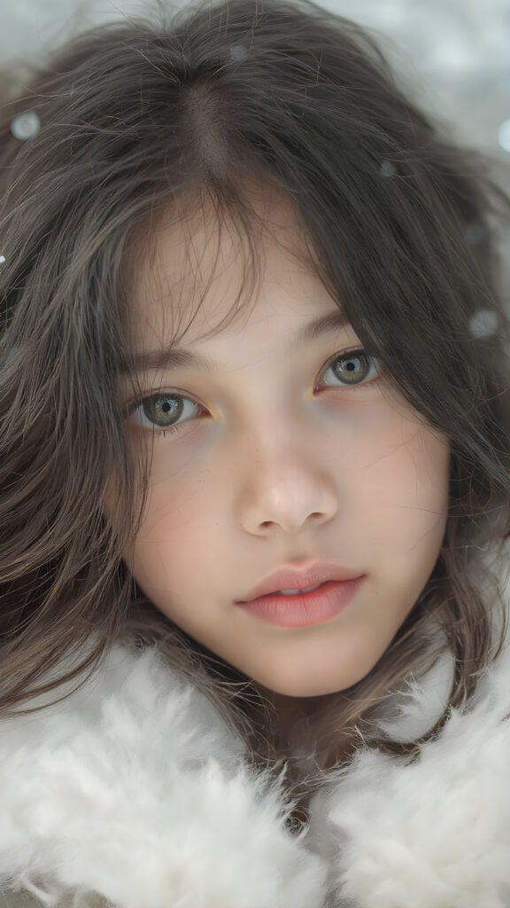 a (((super cute girl))) who exudes an air of warmth and cuteness, with her locks of (((black brown soft hair))), which cascades down in soft, gentle waves, framing her face perfectly; she has (((perfect amber eyes))), her lips are a soft shade of (light pink), and her skin is (extremely soft) and (extremely white as snow), on which she lays comfortably, in a (super soft winter fur outfit) that complements her overall look. She adds a touch of (extraordinary detail) to her ensemble, with a luxurious winter fur coat that adds a sense of (high-end opulence)