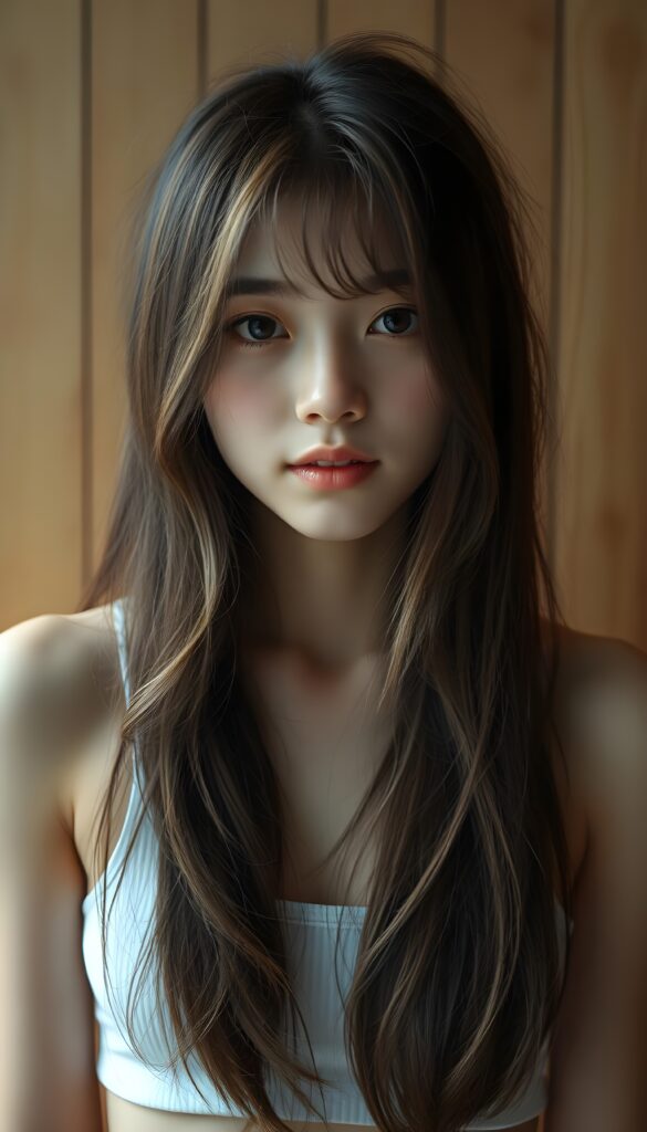 a (((super cute Japanese teen girl, captured in an upper body view))), with flawlessly beautiful (((soft, slightly rosy skin))), and (((long, sleek, luxurious brown hair and blond highlights))), exuding pure happiness, framed in a front view that captures every intricate detail, from her serene, angelic features to the delicate petals, with a (((super short, thin, white crop tank top))), all against a wooden wall.