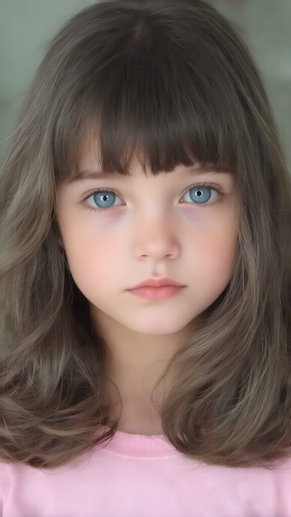a (((super cute petite girl))) who exudes an air of warmth and cuteness, with her locks of (((black brown soft hair))), which cascades down in soft, gentle waves, framing her face perfectly in bangs cut; she has (((perfect deep blue eyes))), her lips are a soft shade of (light pink), and her skin is (extremely soft).