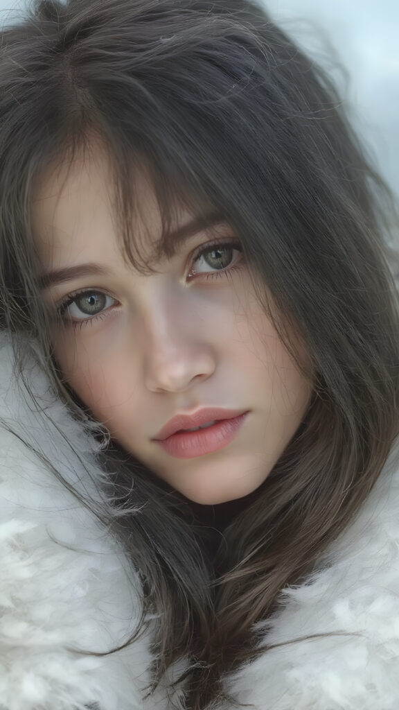 a (((super cute girl))) who exudes an air of warmth and cuteness, with her locks of (((black brown soft hair))), which cascades down in soft, gentle waves, framing her face perfectly; she has (((perfect amber eyes))), her lips are a soft shade of (light pink), and her skin is (extremely soft) and (extremely white as snow), on which she lays comfortably, in a (super soft winter fur outfit) that complements her overall look. She adds a touch of (extraordinary detail) to her ensemble, with a luxurious winter fur coat that adds a sense of (high-end opulence)