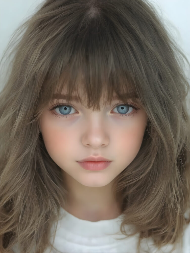 a (((super cute girl))) who exudes an air of warmth and cuteness, with her locks of (((black brown soft hair))), which cascades down in soft, gentle waves, framing her face perfectly in bangs cut; she has (((perfect deep blue eyes))), her lips are a soft shade of (light pink), and her skin is (extremely soft), her full plump lips are red, white teeth