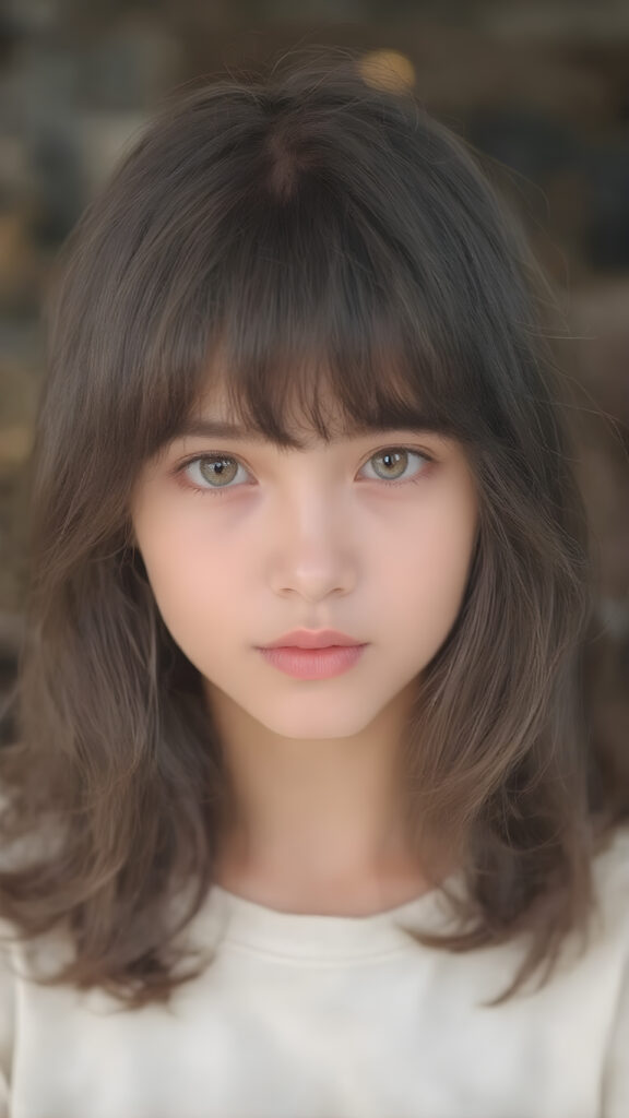 a (((super cute girl))) who exudes an air of warmth and cuteness, with her locks of (((black brown soft hair))), which cascades down in soft, gentle waves, framing her face perfectly in bangs cut; she has (((perfect deep blue eyes))), her lips are a soft shade of (light pink), and her skin is (extremely soft).
