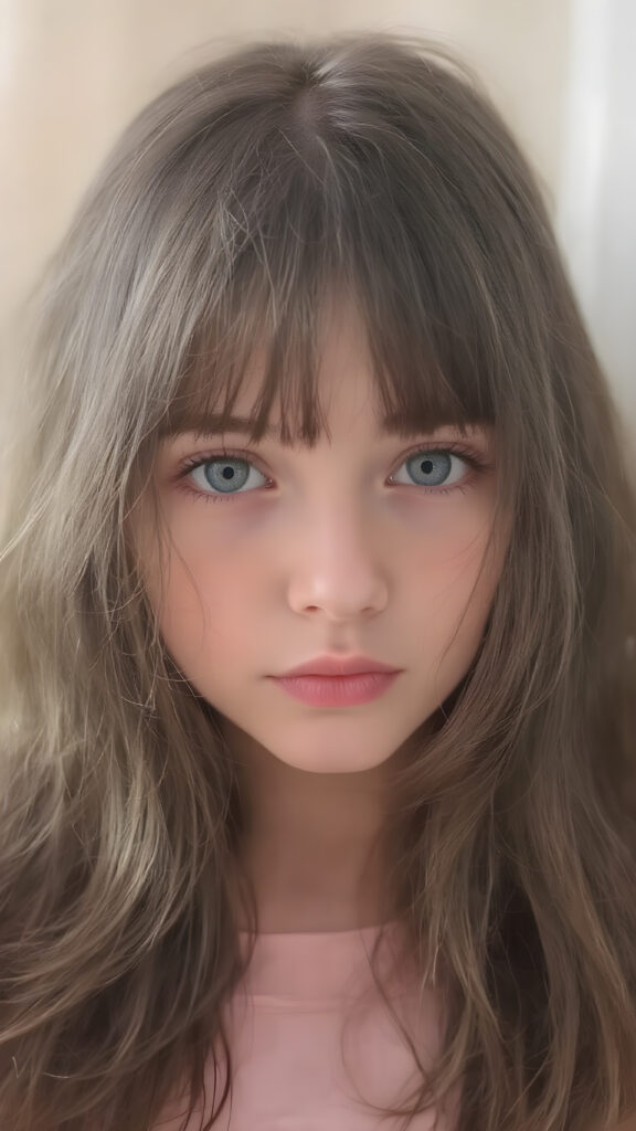a (((super cute petite girl))) who exudes an air of warmth and cuteness, with her locks of (((black brown soft hair))), which cascades down in soft, gentle waves, framing her face perfectly in bangs cut; she has (((perfect deep blue eyes))), her lips are a soft shade of (light pink), and her skin is (extremely soft).