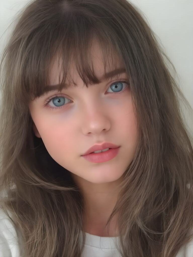 a (((super cute girl))) who exudes an air of warmth and cuteness, with her locks of (((black brown soft hair))), which cascades down in soft, gentle waves, framing her face perfectly in bangs cut; she has (((perfect deep blue eyes))), her lips are a soft shade of (light pink), and her skin is (extremely soft), her full plump lips are red, white teeth