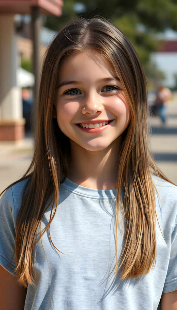 a super cute young happy teen girl, stunning, gorgeous, wears a plain light grey t-shirt, straight open light brown hair falls down, same length, front view, sunny backdrop outside