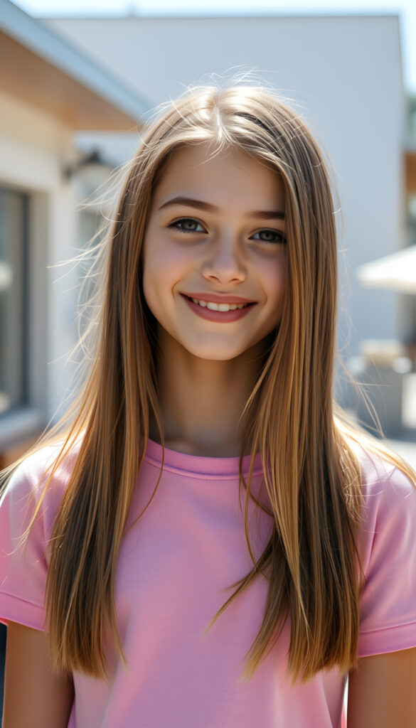 a super cute young happy teen girl, stunning, gorgeous, wears a plain pink t-shirt, straight open hair falls down, same length, front view, sunny backdrop outside