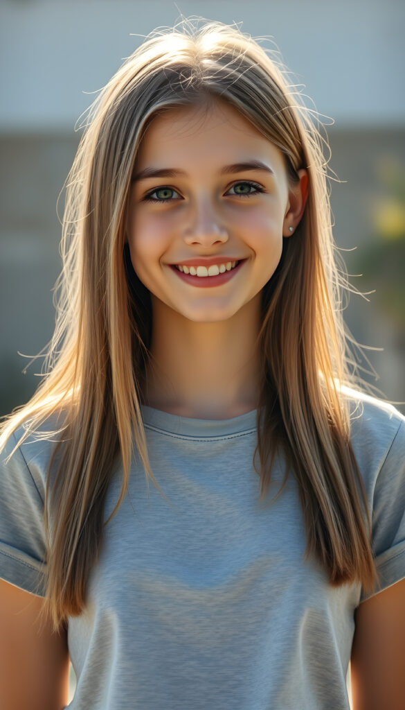 a super cute young happy teen girl, stunning, gorgeous, wears a plain light grey cropped t-shirt, straight open light brown hair falls down, same length, front view, sunny backdrop outside, perfect female body