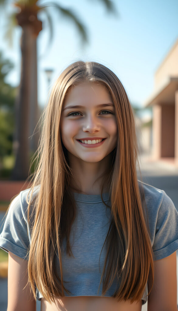 a super cute young happy teen girl, stunning, gorgeous, wears a plain light grey cropped t-shirt, straight open light brown hair falls down, same length, front view, sunny backdrop outside, perfect female body
