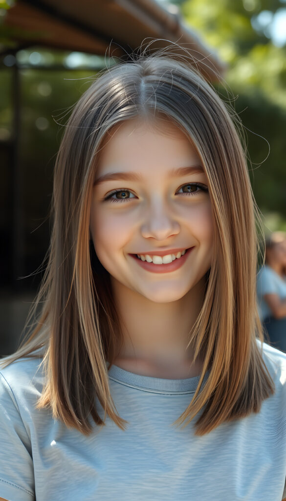 a super cute young happy teen girl, stunning, gorgeous, wears a plain light grey t-shirt, straight open light brown hair falls down, same length, front view, sunny backdrop outside