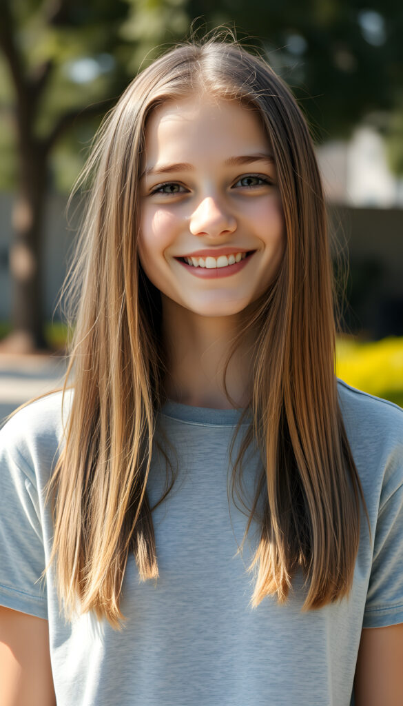 a super cute young happy teen girl, stunning, gorgeous, wears a plain light grey t-shirt, straight open light brown hair falls down, same length, front view, sunny backdrop outside