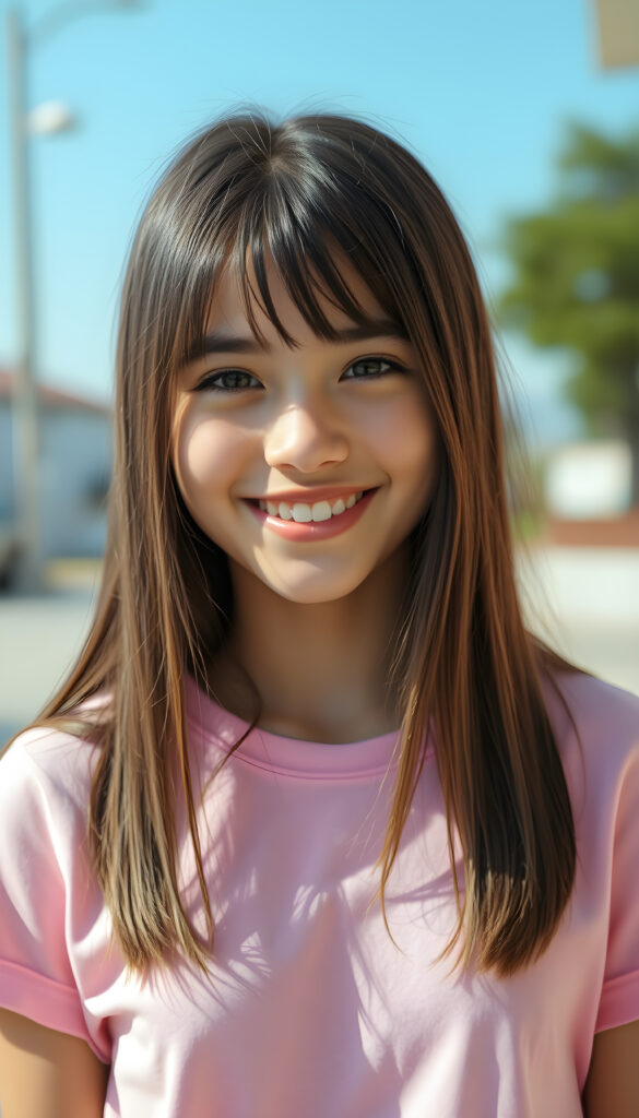 a super cute young happy teen girl, stunning, gorgeous, wears a plain pink t-shirt, straight open hair falls down, same length, front view, sunny backdrop outside