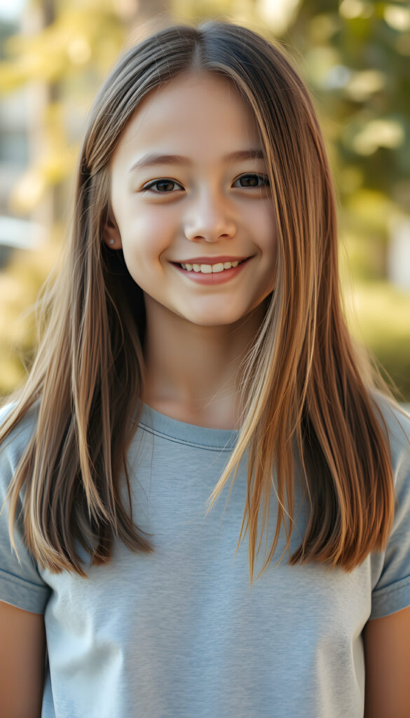 a super cute young happy teen girl, stunning, gorgeous, wears a plain light grey t-shirt, straight open light brown hair falls down, same length, front view, sunny backdrop outside