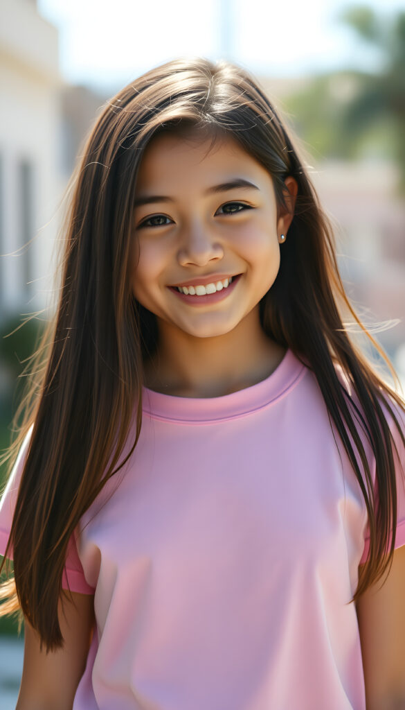 a super cute young happy teen girl, stunning, gorgeous, wears a plain pink t-shirt, straight open hair falls down, same length, front view, sunny backdrop outside