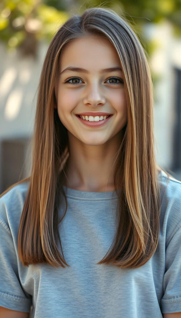 a super cute young happy teen girl, stunning, gorgeous, wears a plain light grey cropped t-shirt, straight open light brown hair falls down, same length, front view, sunny backdrop outside, perfect female body