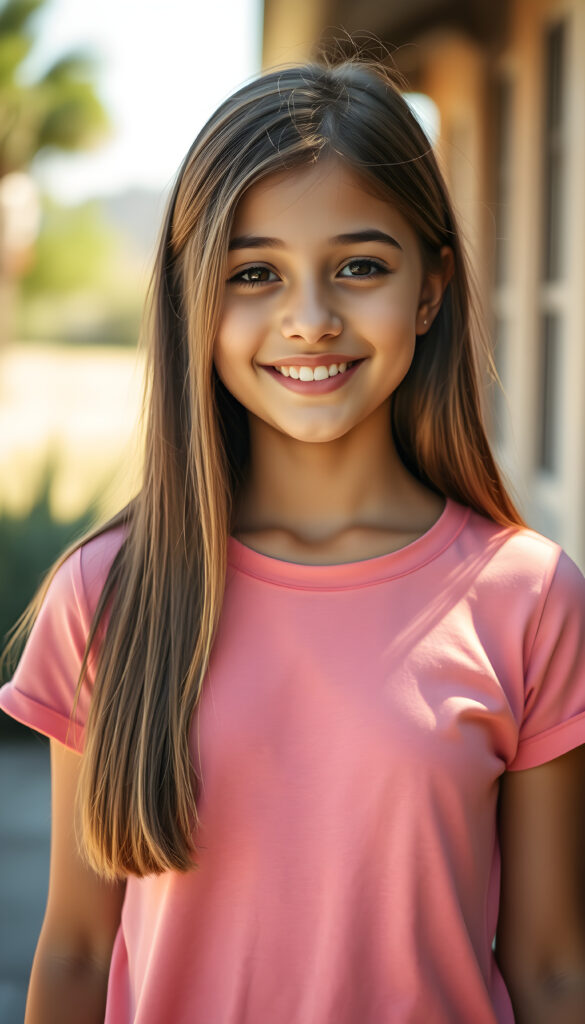 a super cute young happy teen girl, stunning, gorgeous, wears a plain pink t-shirt, straight open hair falls down, same length, front view, sunny backdrop outside