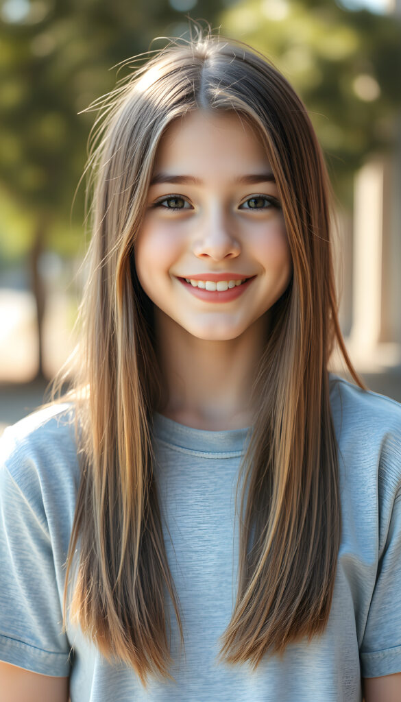 a super cute young happy teen girl, stunning, gorgeous, wears a plain light grey t-shirt, straight open light brown hair falls down, same length, front view, sunny backdrop outside