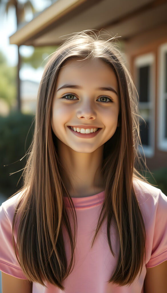 a super cute young happy teen girl, stunning, gorgeous, wears a plain pink t-shirt, straight open hair falls down, same length, front view, sunny backdrop outside