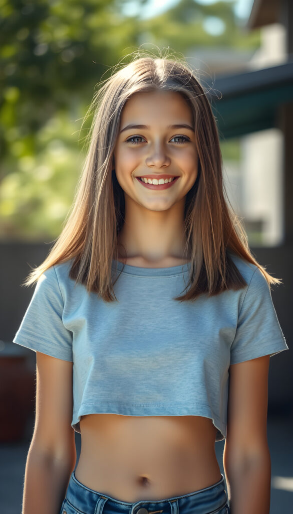 a super cute young happy teen girl, stunning, gorgeous, wears a plain light grey cropped t-shirt, straight open light brown hair falls down, same length, front view, sunny backdrop outside, perfect female body