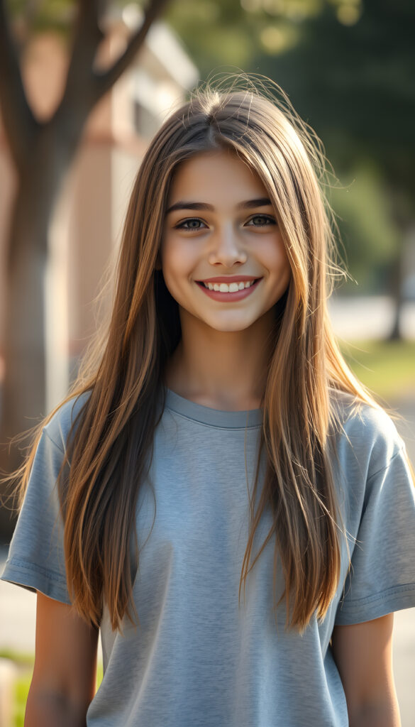 a super cute young happy teen girl, stunning, gorgeous, wears a plain light grey t-shirt, straight open light brown hair falls down, same length, front view, sunny backdrop outside
