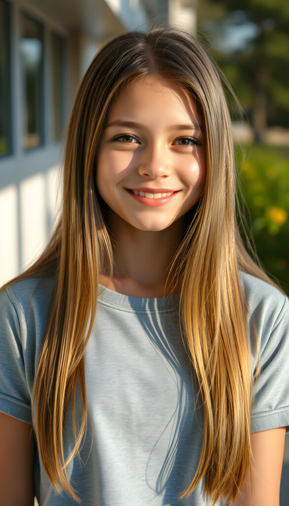 a super cute young happy teen girl, stunning, gorgeous, wears a plain light grey cropped t-shirt, straight open light brown hair falls down, same length, front view, sunny backdrop outside, perfect female body