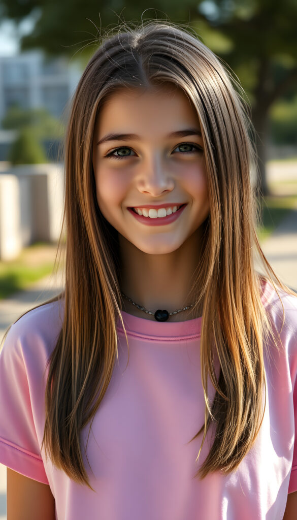a super cute young happy teen girl, stunning, gorgeous, wears a plain pink t-shirt, straight open hair falls down, same length, front view, sunny backdrop outside