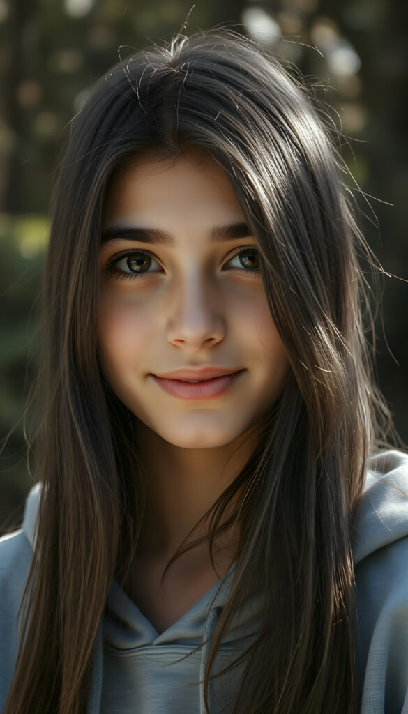a super detailed and realistic photo of a young beautiful cute Persian teen girl, sunlight falls on her face, she has long (((dark straight wavy soft hair))) and dark eyes, ((angelic round face)), ((realistic, detailed portrait)), perfect shadow, she wears a grey hoodie, smile, all against a backdrop in the nature