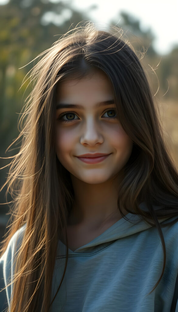 a super detailed and realistic photo of a young beautiful cute Persian teen girl, sunlight falls on her face, she has long (((dark straight wavy soft hair))) and dark eyes, ((angelic round face)), ((realistic, detailed portrait)), perfect shadow, she wears a grey hoodie, smile, all against a backdrop in the nature